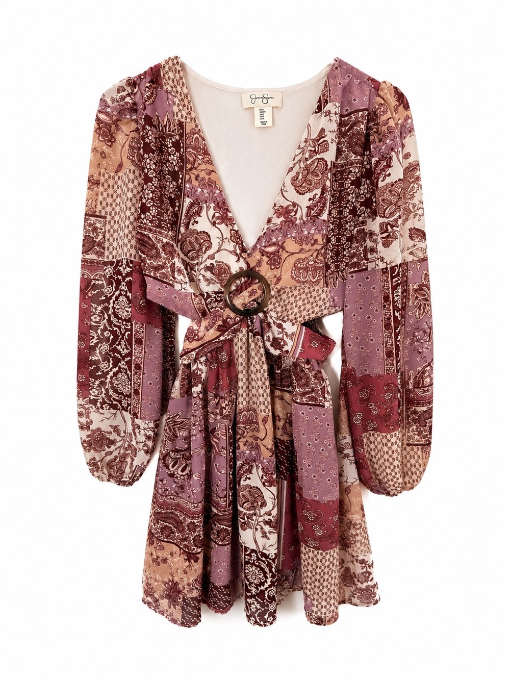 Jessica Simpson Patchwork Paisley Mini Dress in Mauve, Burgundy, Cream